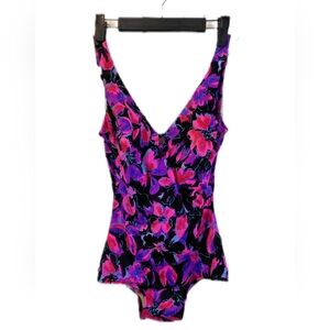 Maxine of Hollywood Black One-Piece with Pink & Purple Floral Print